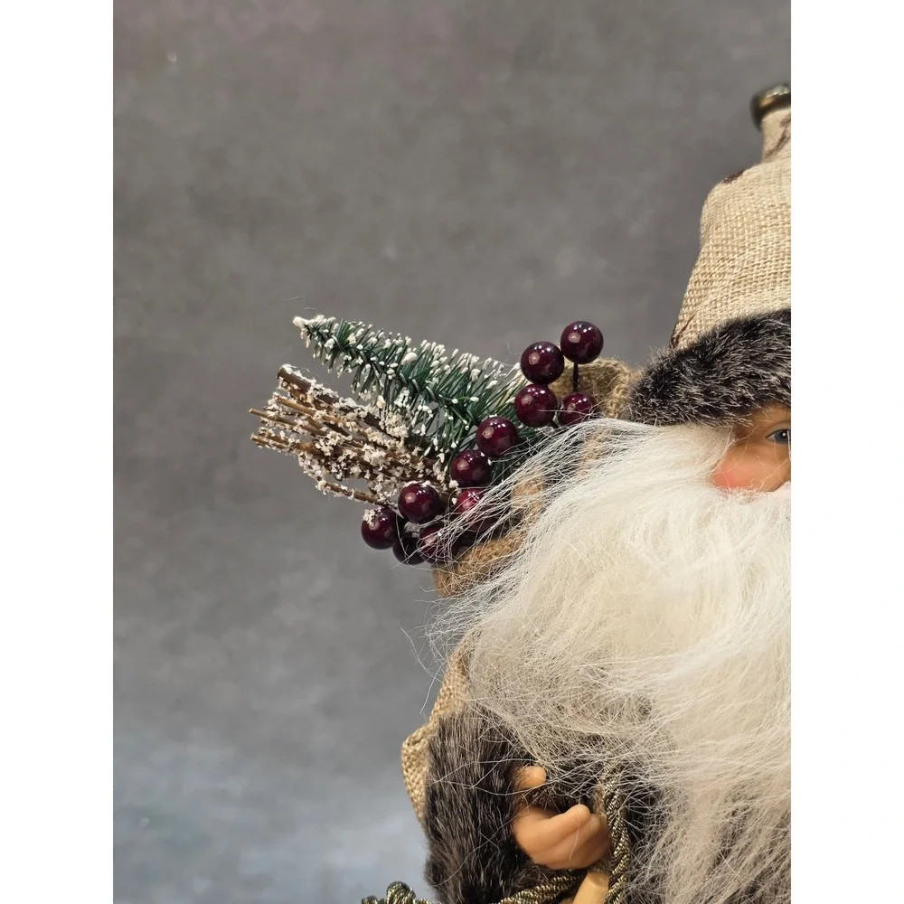 Rustic Santa Claus Christmas Tree Topper Burlap Faux Fur Woodland Reindeer 12in